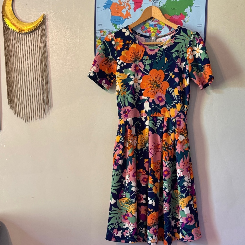 🌑🌃🌸🌼🪷LuLaRoe Floral Midi Dress - Navy, Orange, Pink